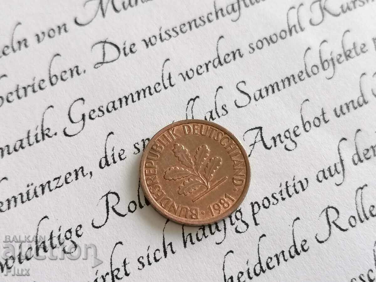 Coin - Germany - 1 pfennig | 1981; series F with price 0.75 BGN | € 0.38 Coin - Germany - 1 pfennig | 1981; series F with price 0.75 BGN | € 0.38