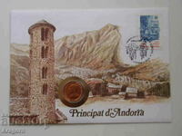 рядък плик с монета и марка Андора 25 сантима 1986