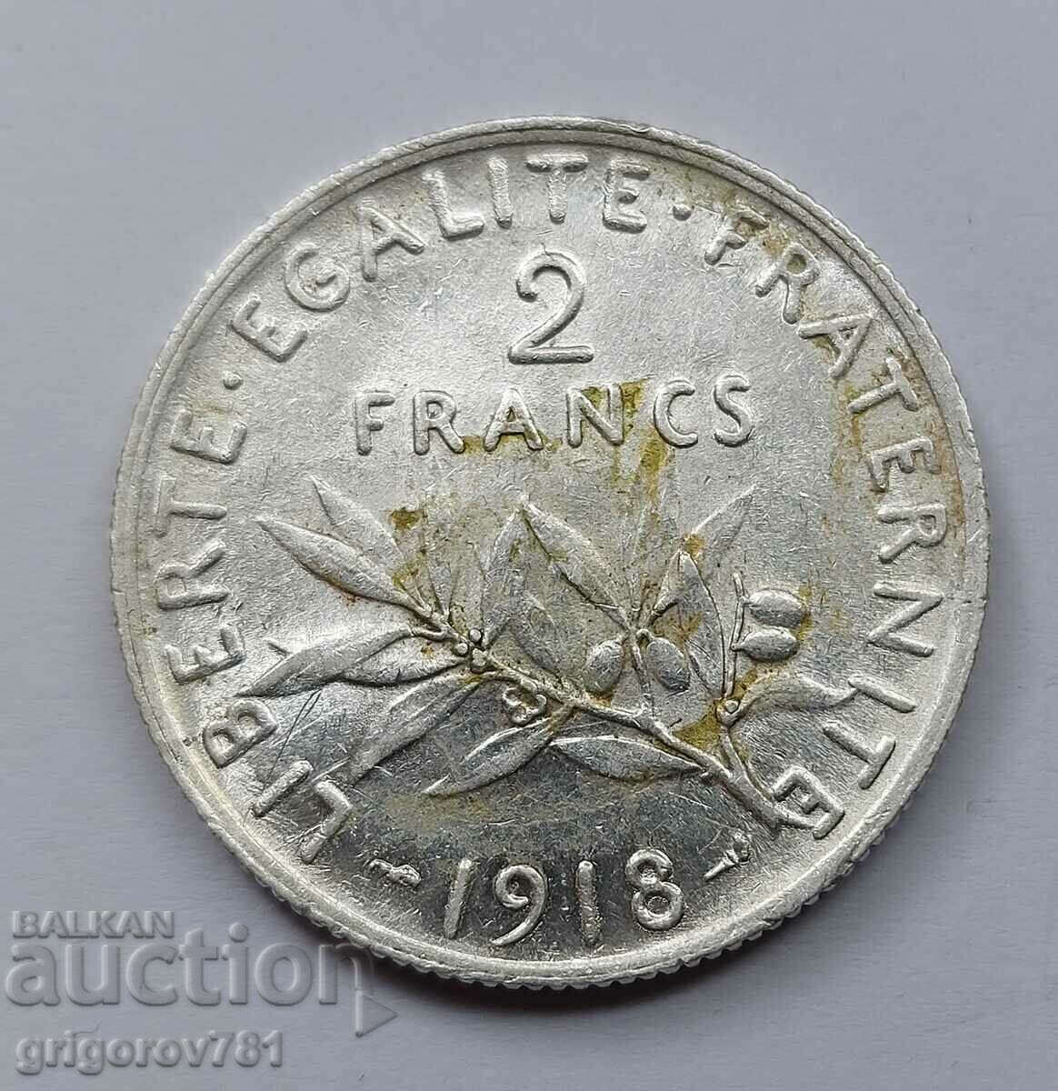 2 франка сребро Франция 1918 - сребърна монета #135