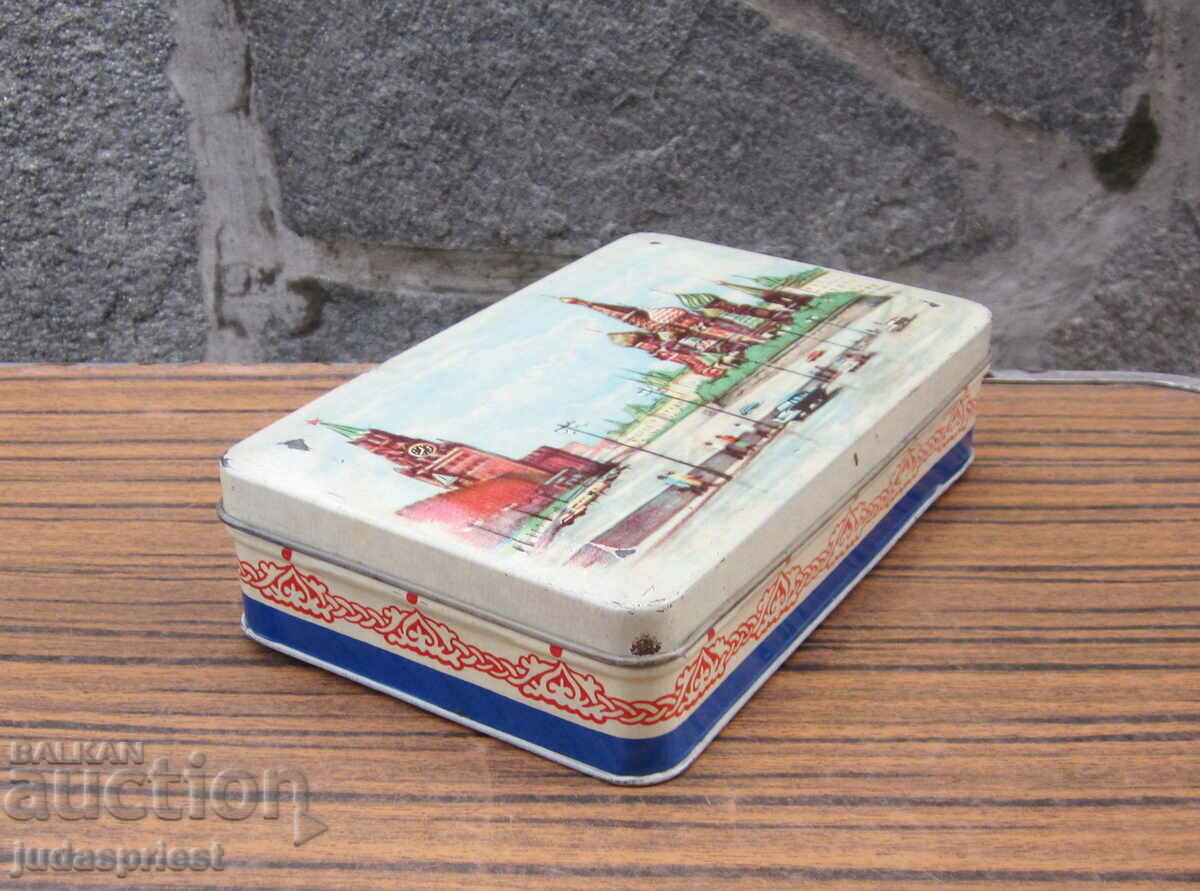 Delivery of old Russian Soviet metal tin box with Kremlin