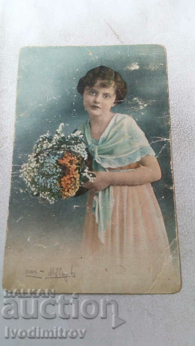 Postcard Young girl with a bouquet of flowers