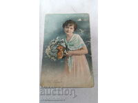 Postcard Young girl with a bouquet of flowers