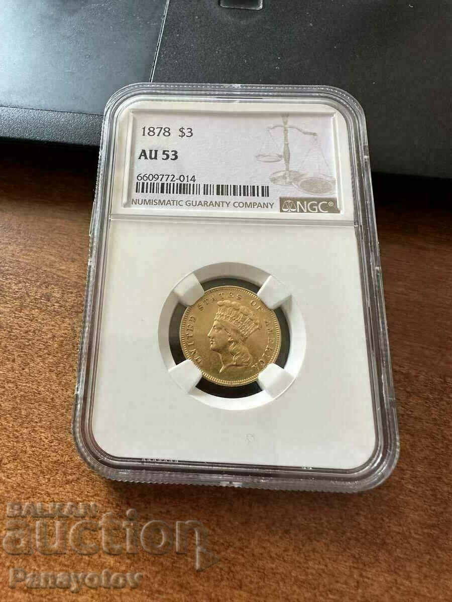 3 DOLLAR 1878 AMERICA GOLD GRADE AU 53 RARE NGC PCGS with price 3650.00 BGN | € 1866.22 3 DOLLAR 1878 AMERICA GOLD GRADE AU 53 RARE NGC PCGS with price 3650.00 BGN | € 1866.22