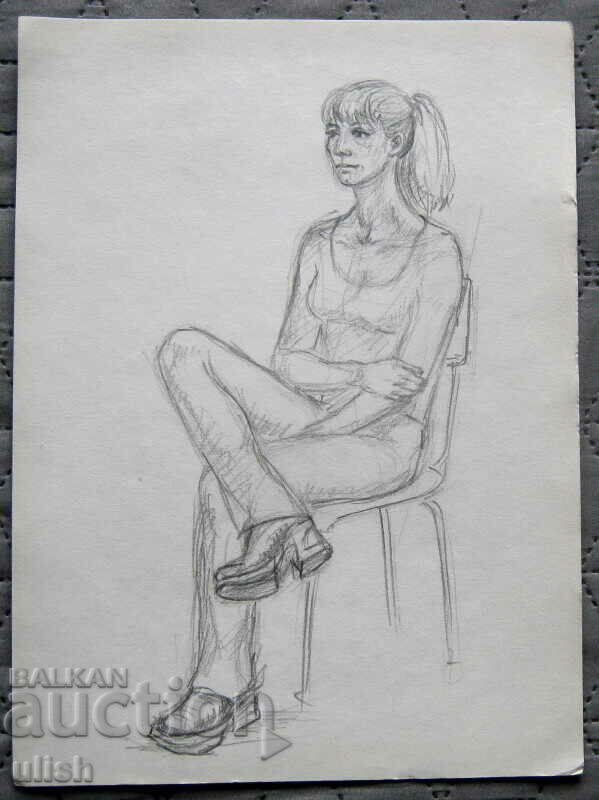 Old drawing - portrait of a seated woman - pencil