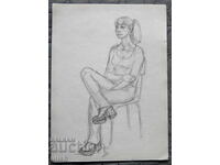 Παλιό σχέδιο - πορτρέτο μιας γυναίκας που κάθεται - μολύβι