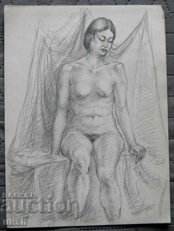 Стара рисунка - голо женско тяло Акт еротика №2 - молив
