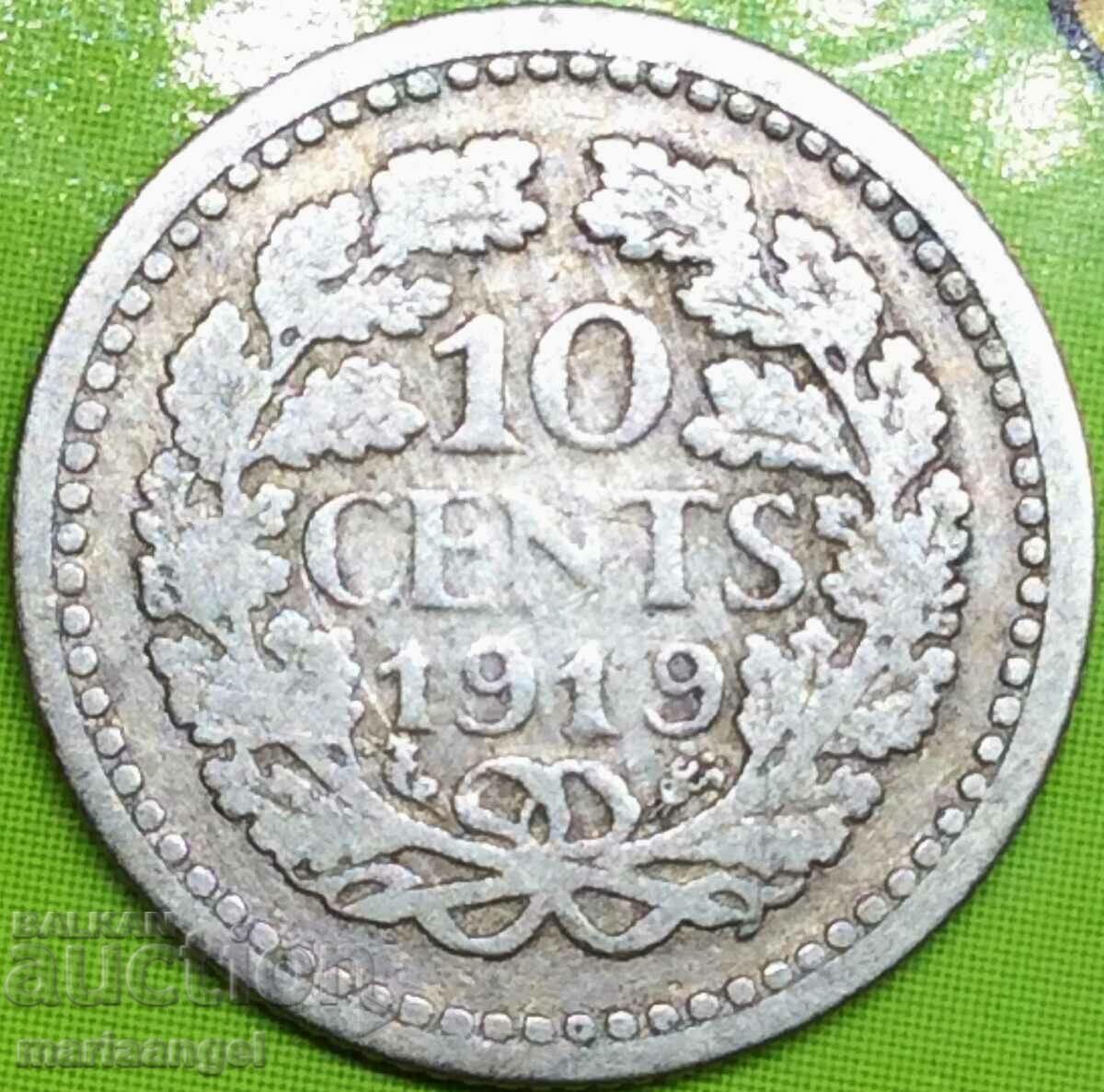 Ολλανδία 1919 10 Cents Queen Wilhelmina Silver - Σπάνιο