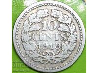 Țările de Jos 1919 10 cenți Regina Wilhelmina Argint - Rar