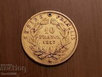 10 франка 1857 А Франция Злато Златна монета Наполеон 3