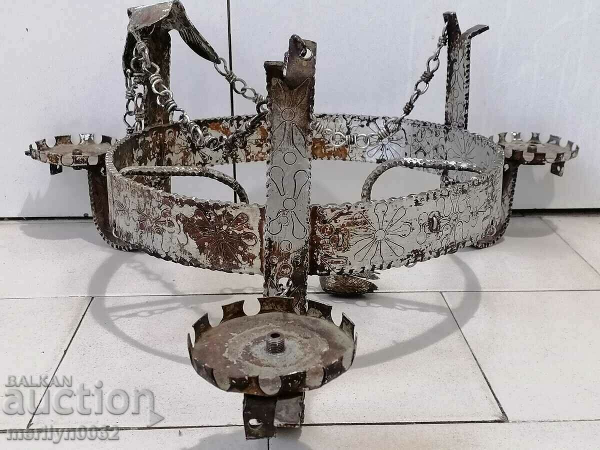 Old wrought iron engraved chandelier lamp without lampshade with price 90.00 BGN | € 46.02 Old wrought iron engraved chandelier lamp without lampshade with price 90.00 BGN | € 46.02