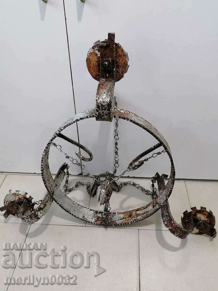 Old wrought iron engraved chandelier lamp without lampshade - 7 Old wrought iron engraved chandelier lamp without lampshade - 7