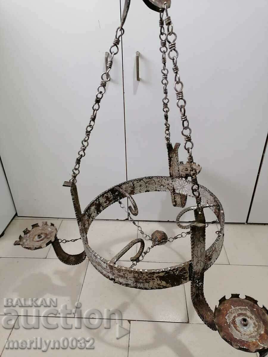 Old wrought iron engraved chandelier lamp without lampshade Old wrought iron engraved chandelier lamp without lampshade