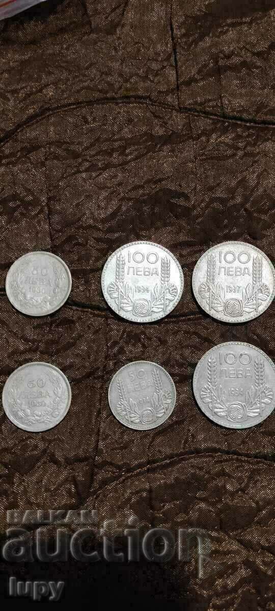 Лот сребърни монети 50лв и 100 лв -1930г,1934г,1937г