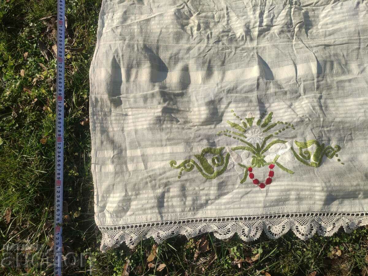 Auction tablecloth with embroidery and lace from old chaise Auction tablecloth with embroidery and lace from old chaise