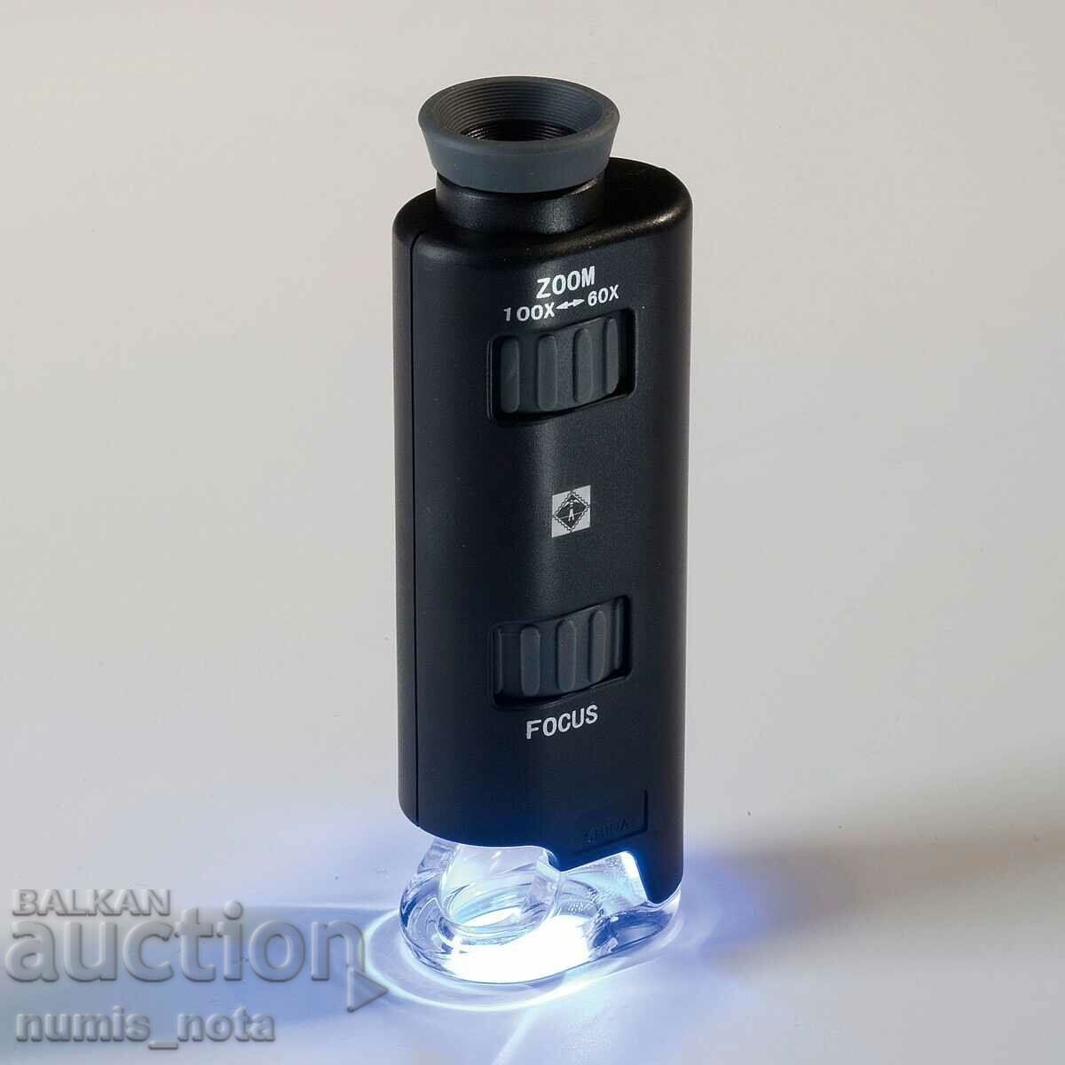 μίνι μικροσκόπιο τσέπης LEUCHTTURM -60X 100X με οπίσθιο φωτισμό LED