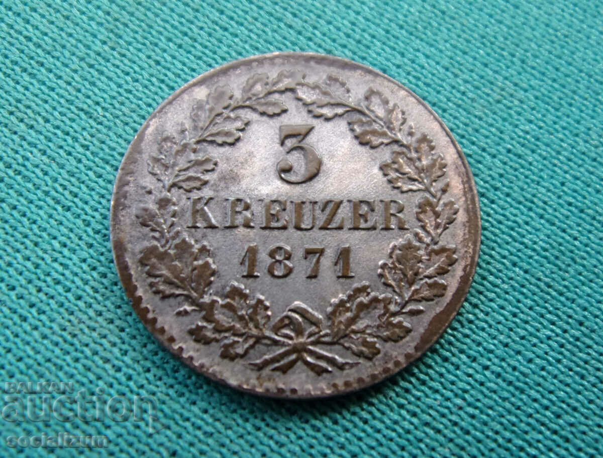 Баден  3  Кройцера  1871  UNC  Rare