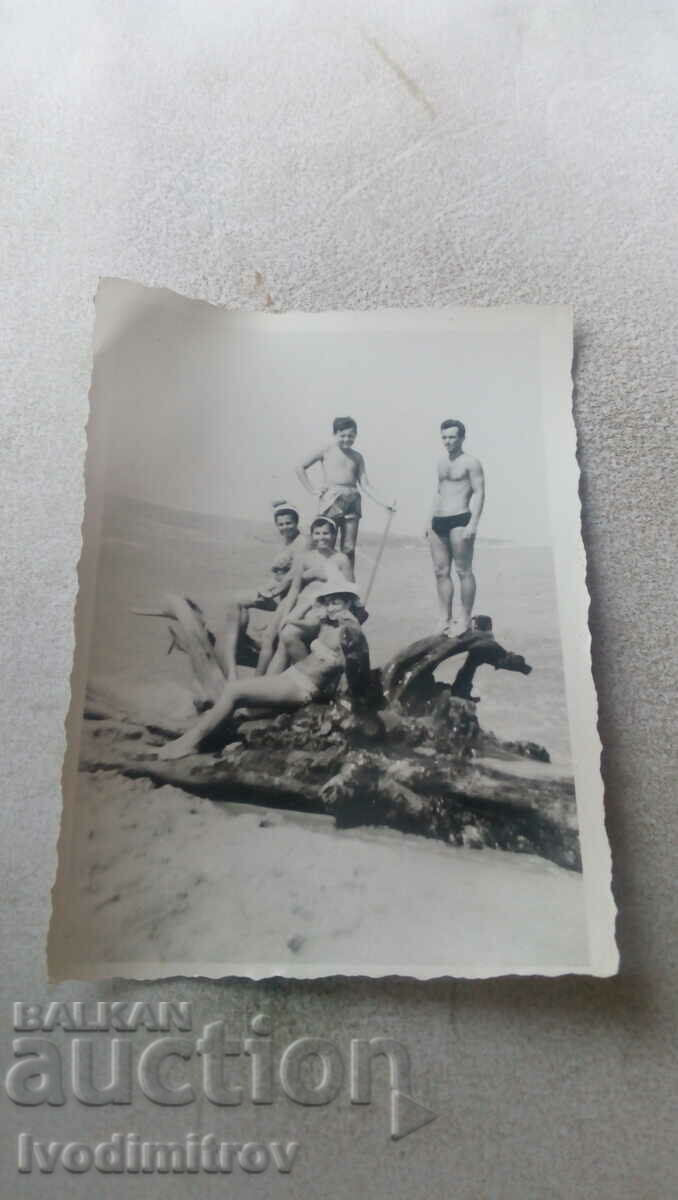 Εικόνα Ένας άντρας, τρεις γυναίκες και ένα αγόρι σε ένα κούτσουρο στην παραλία