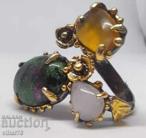 Silver ring with ruby in ziosite, amber and quartz - 5 Silver ring with ruby in ziosite, amber and quartz - 5