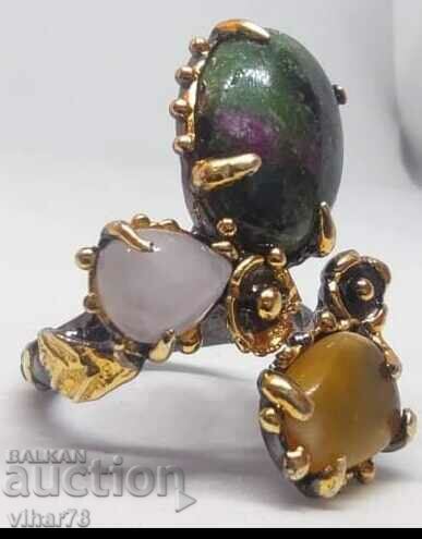 Silver ring with ruby in ziosite, amber and quartz - 6 Silver ring with ruby in ziosite, amber and quartz - 6