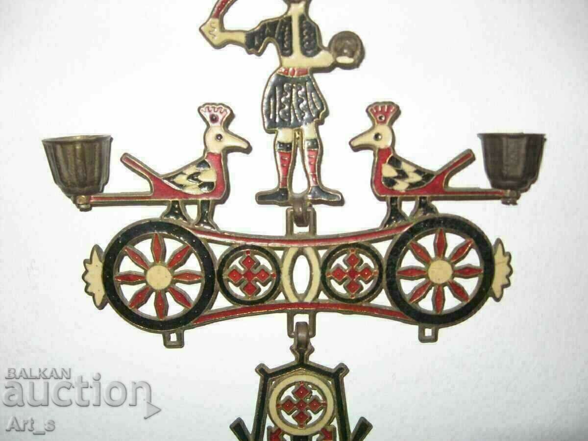 Auction Hanging metal candlestick cross with enamel and with John the Baptist Auction Hanging metal candlestick cross with enamel and with John the Baptist