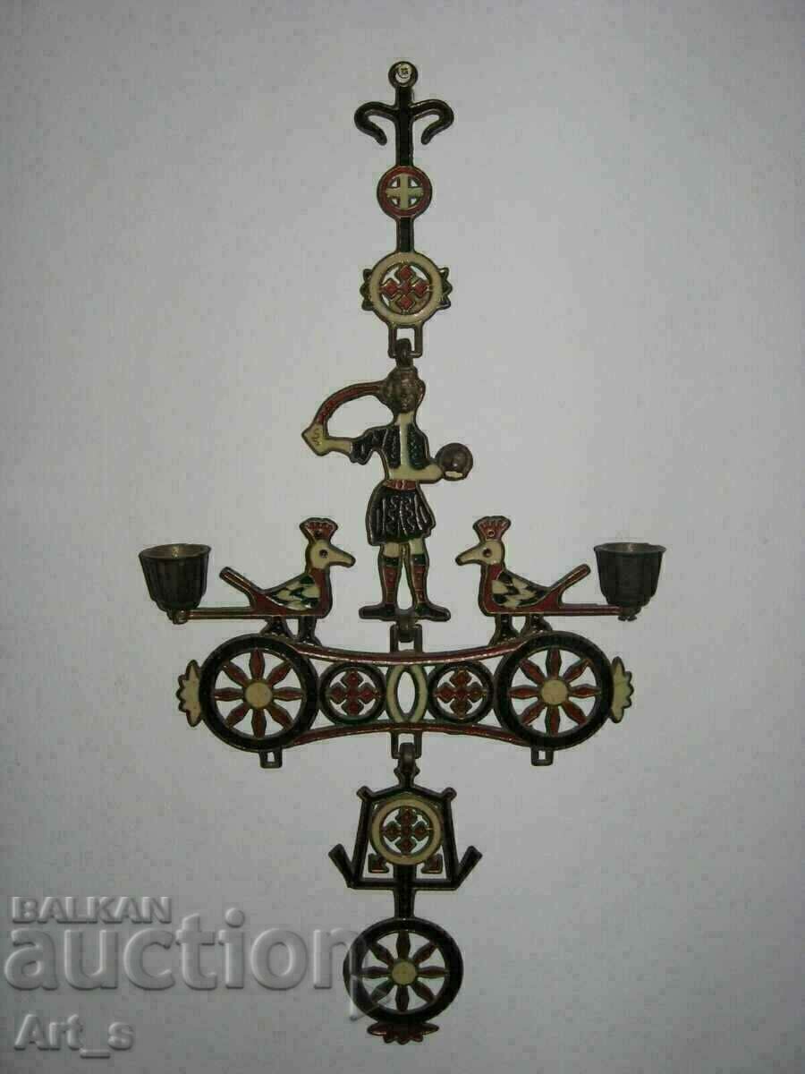 Hanging metal candlestick cross with enamel and with John the Baptist - 7