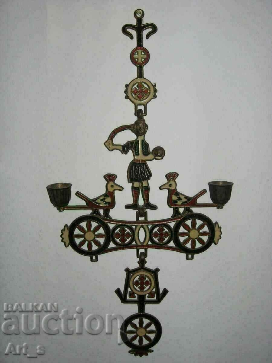 Hanging metal candlestick cross with enamel and with John the Baptist