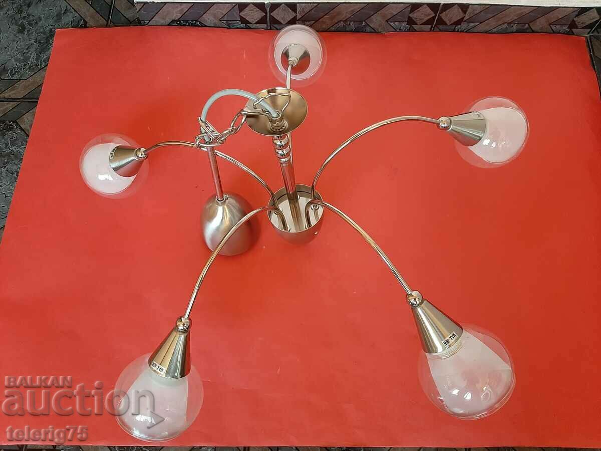 Качествена Лампа Полилей Инокс за Таван с 5 Стъкла/Камбанки