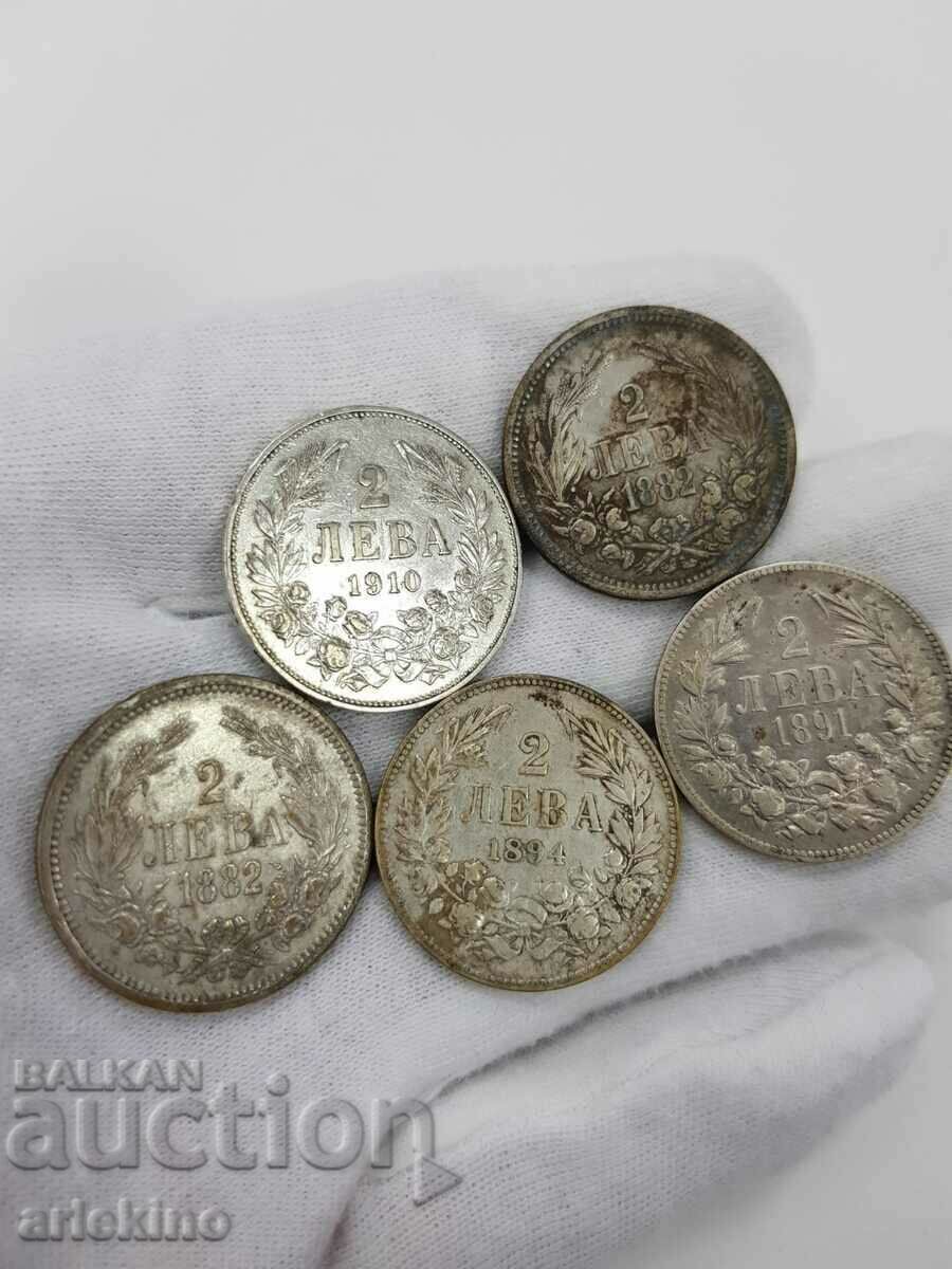 5 τεμ. ασημένια βασιλικά πριγκιπικά νομίσματα νόμισμα 2 BGN 1882 - 1910