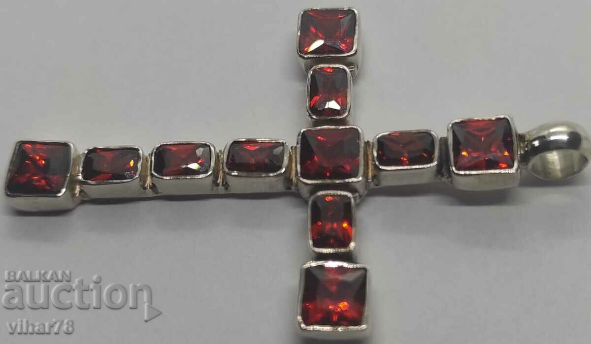 A large silver cross studded with garnets - 6