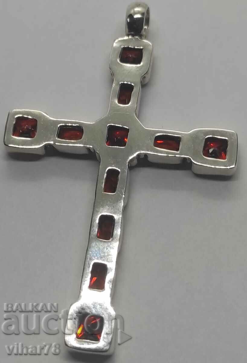 A large silver cross studded with garnets - 7