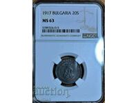 монета 20 стотинки 1917 г.  NGC  MS 63