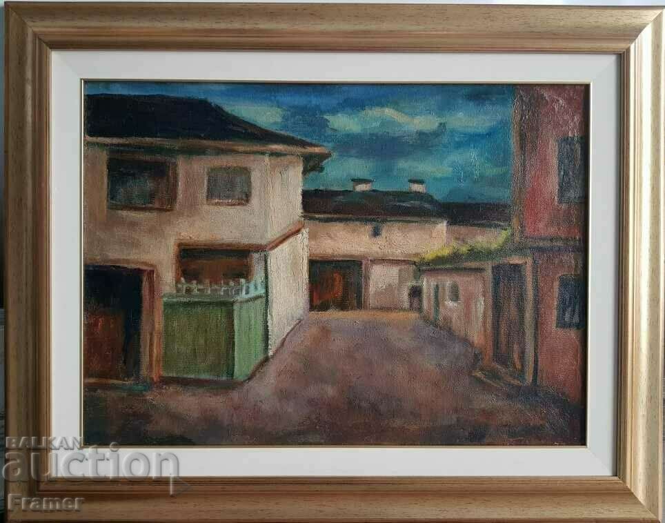 СТОЯН МИТОВ 1895 -1977 Пейзаж селска улица къщи маслени бои