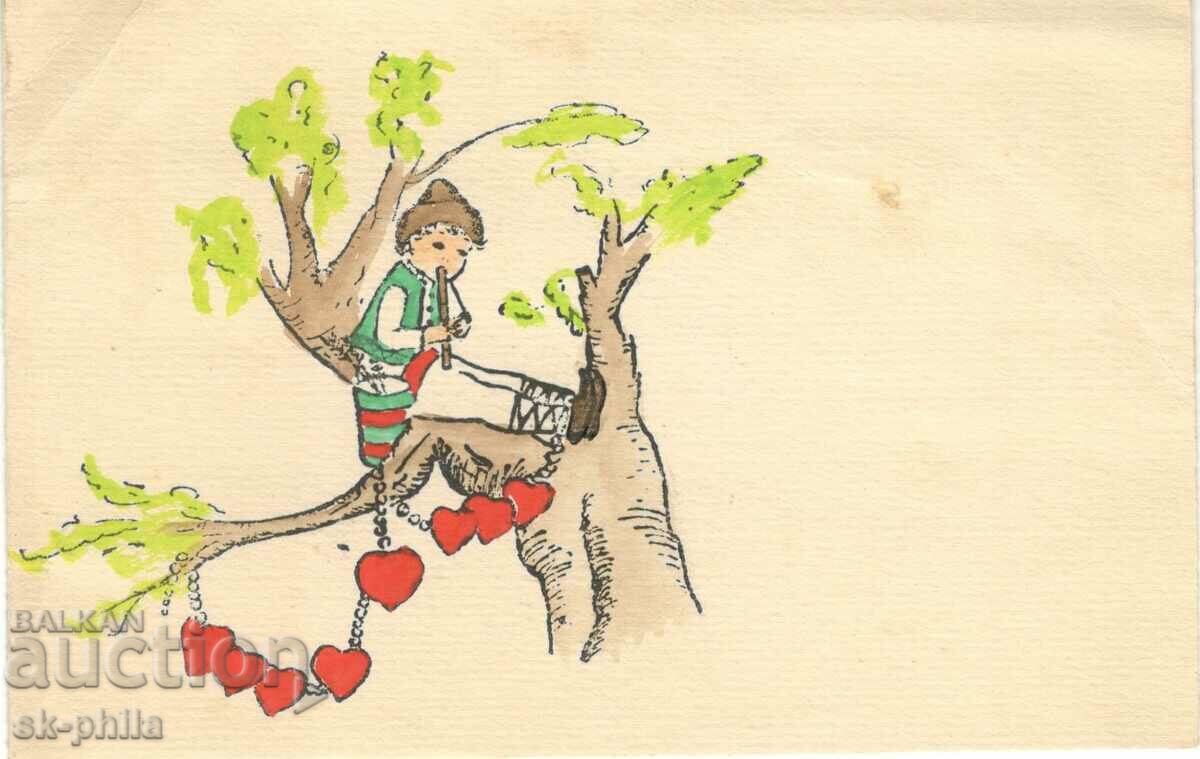 Стара картичка - поздравителна - Момче кавалджия на дърво