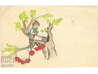 Old card - greeting - Boy carpenter on a tree