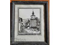 Ink and pen drawing "Stara Tryavna" framed