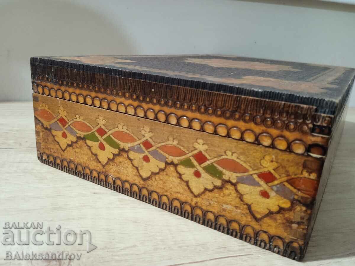 Auction Old large pyrographed box Auction Old large pyrographed box