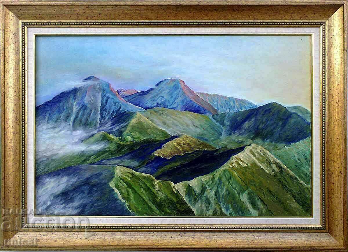 Pirin mountain, Vihren and Cutelo at dawn, painting