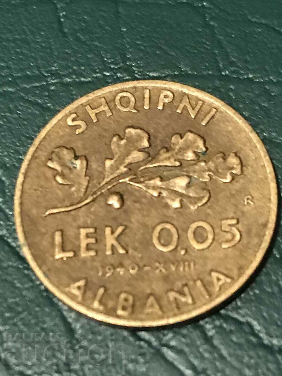 Албания 0,05 лек 1940 WW2 Италия окупация рядка медна монета