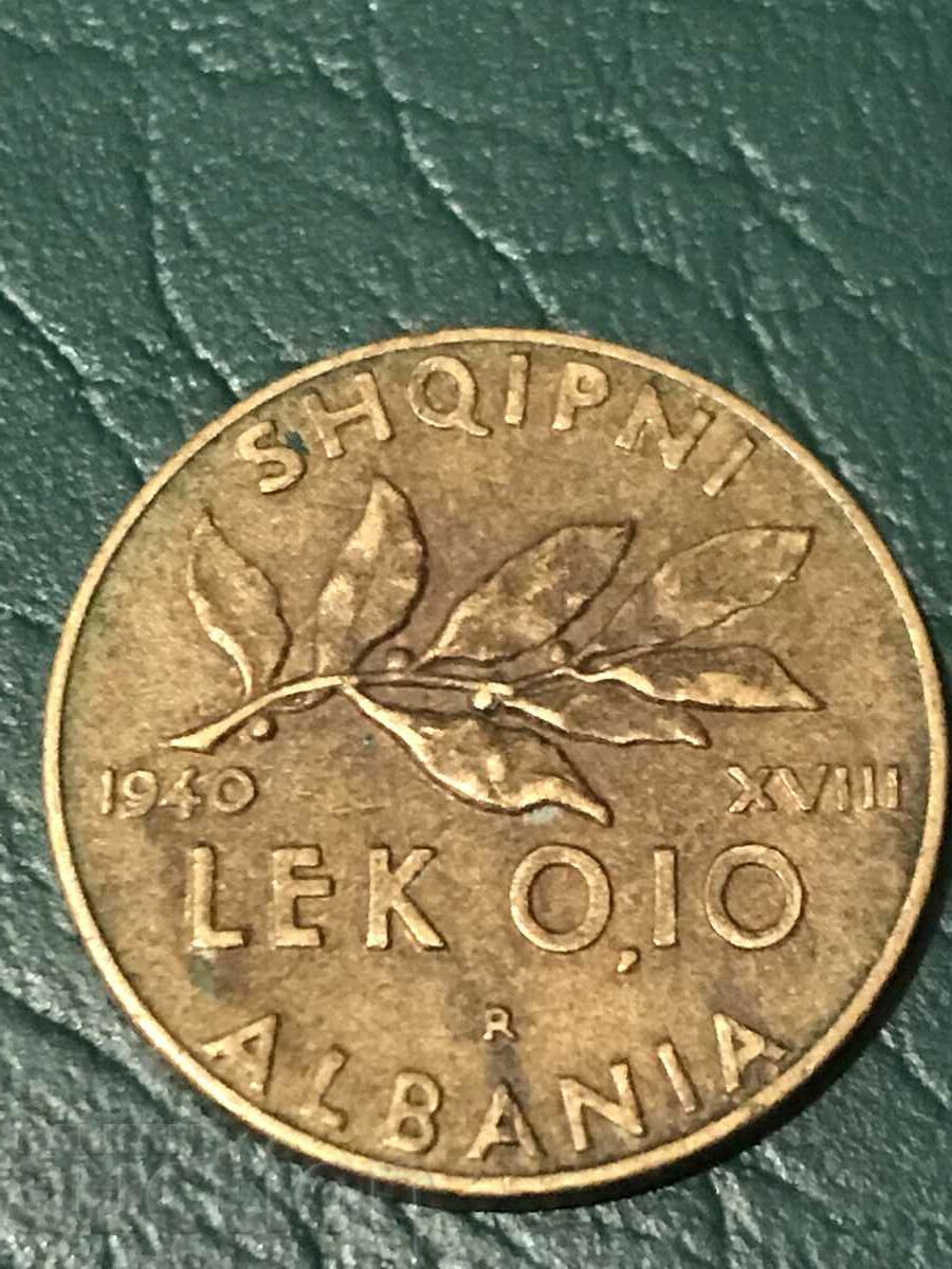 Albania 0,10 lek 1940 Al Doilea Război Mondial Italia ocupație monedă rară de cupru