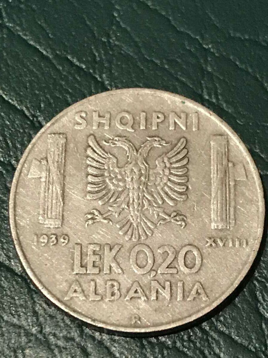 Albania 0,20 lek 1939 WW2 Italia ocupație monedă rară