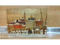 Rusă veche, cutie de lemn, pirograf și vopsele
