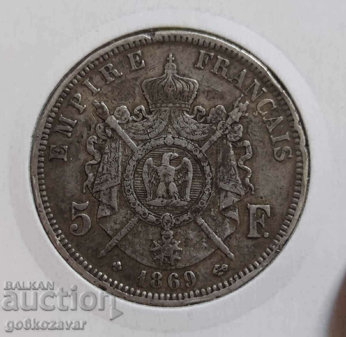 Франция 5 Франка 1869г Сребро !