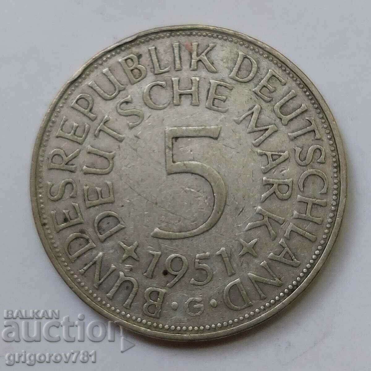 5 μάρκα ασήμι Γερμανία 1951 G - ασημένιο νόμισμα
