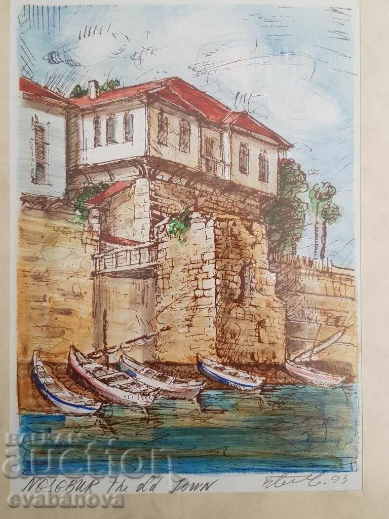 Auction Vasil Banov Fortress tower and boats in the port of Nessebar93 Auction Vasil Banov Fortress tower and boats in the port of Nessebar93