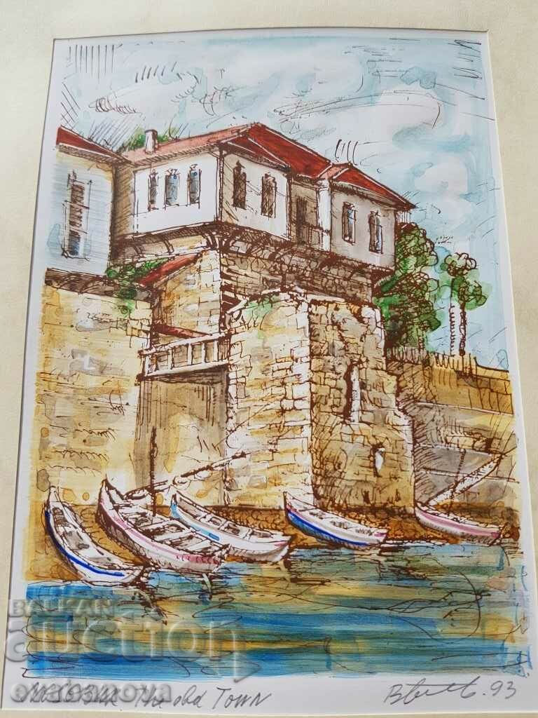 Auction  Vasil Banov color graphics The Old Tower in Nessebar 1993.