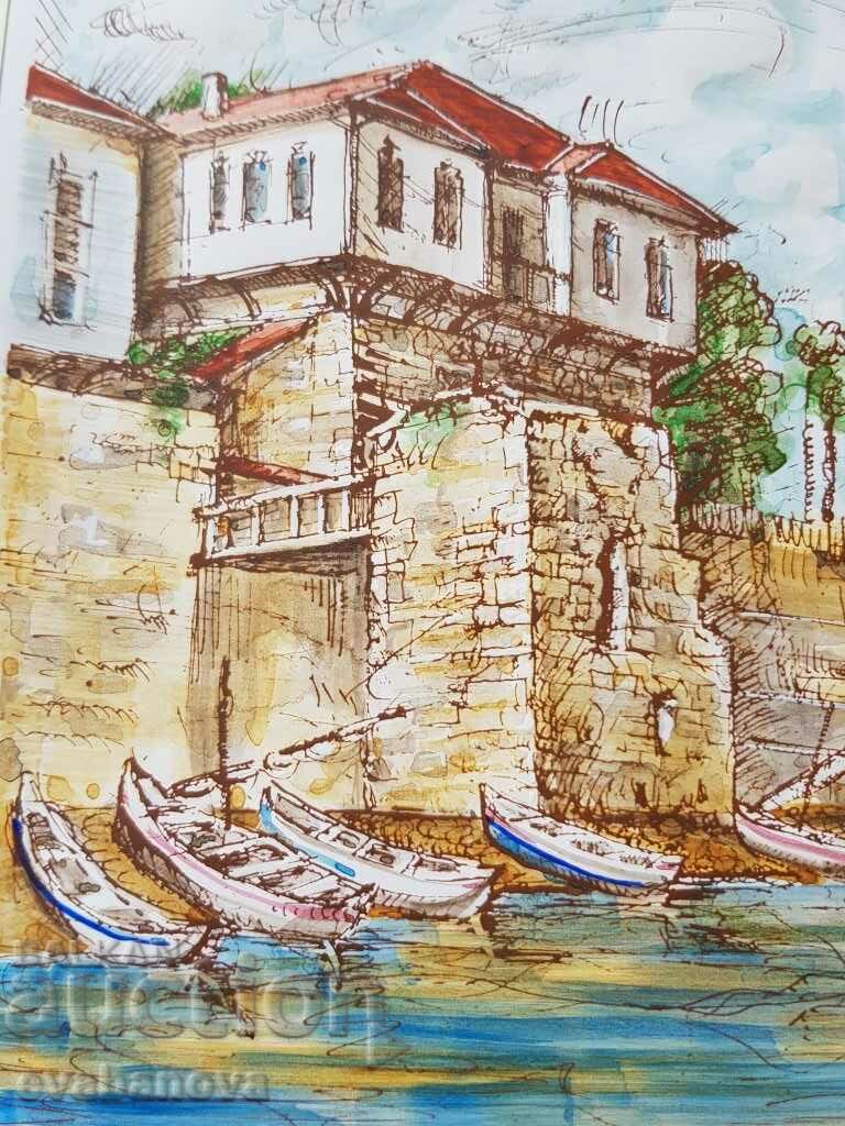 Delivery of Vasil Banov color graphics The Old Tower in Nessebar 1993.