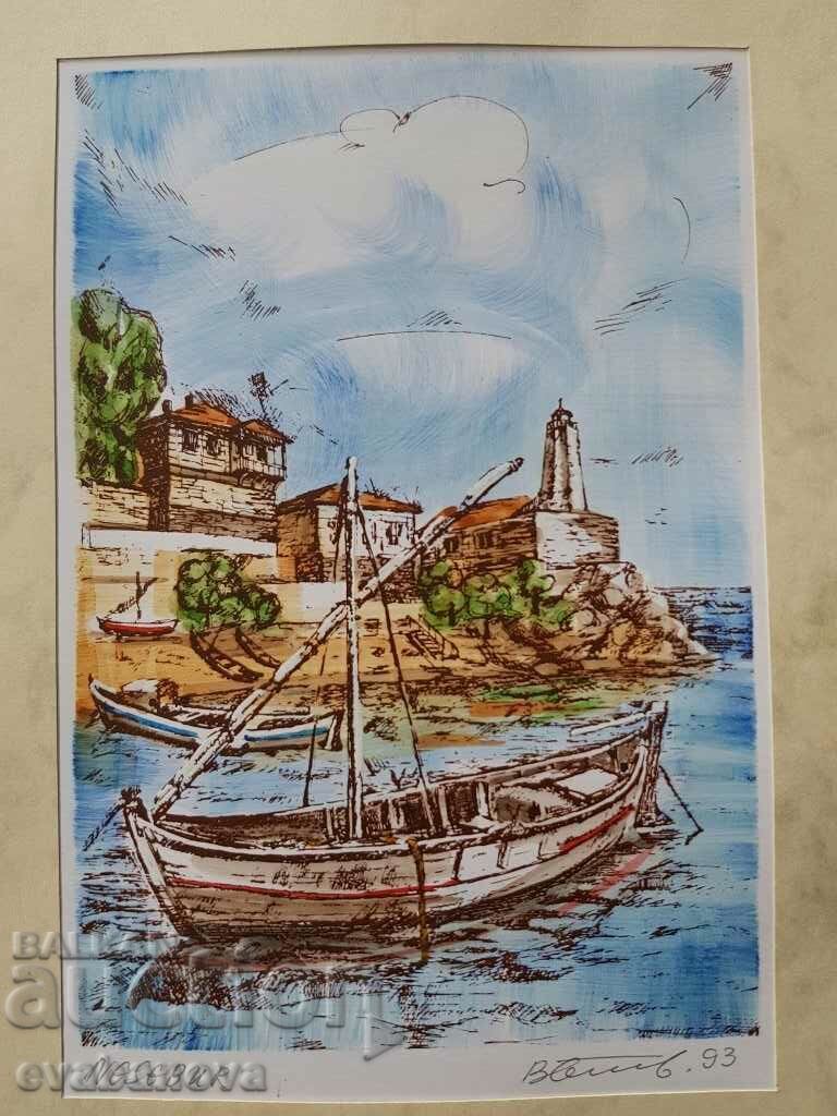 Έγχρωμο γραφικό Vasil Banov Φάρος και βάρκα στο Nessebar 1993. με τιμή € 10.00 | 19.56 BGN