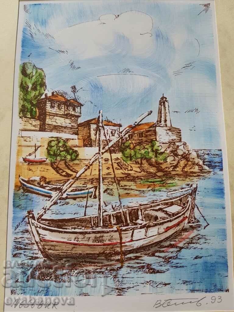 Auction Vasil Banov color graphic Lighthouse and Boat in Nessebar 1993. Auction Vasil Banov color graphic Lighthouse and Boat in Nessebar 1993.