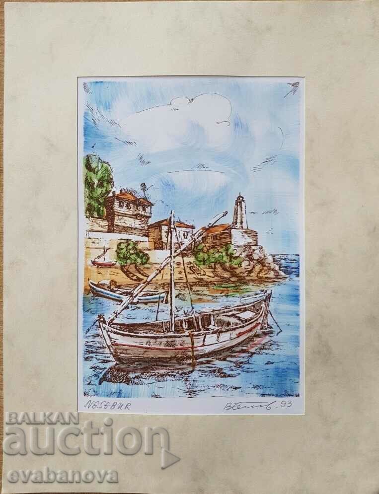 Έγχρωμο γραφικό Vasil Banov Φάρος και βάρκα στο Nessebar 1993.