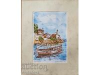 Vasil Banov color graphic Lighthouse and Boat in Nessebar 1993.